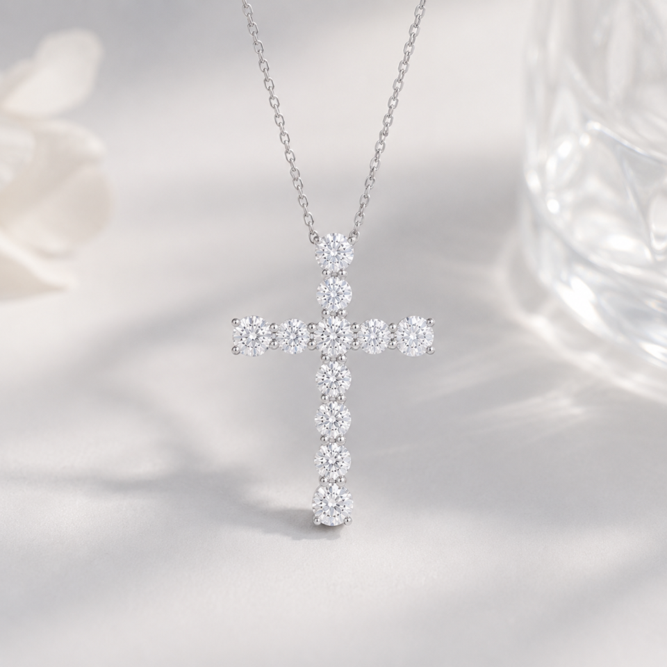 Celestial Moissanite Cross Necklace in sterling silver