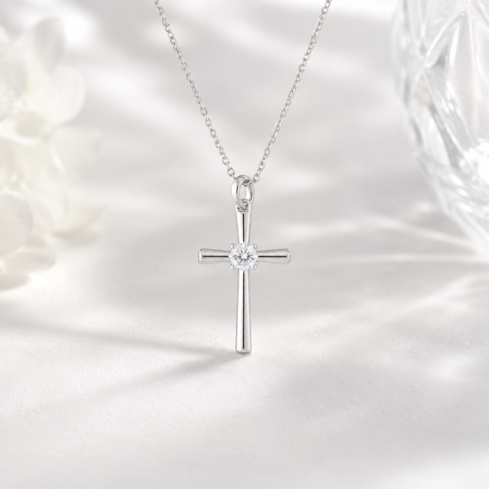 Classic Solitaire Cross Necklace in sterling silver