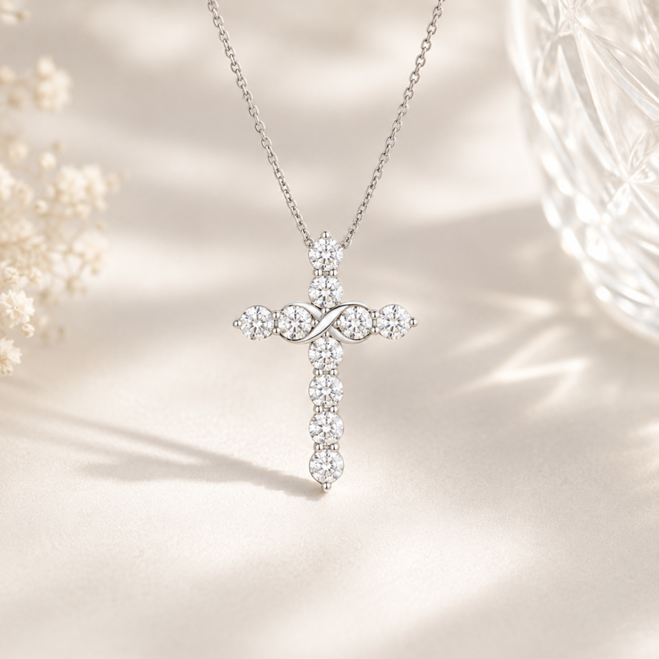 Infinity Love & Faith Moissanite Cross Necklace in sterling silver