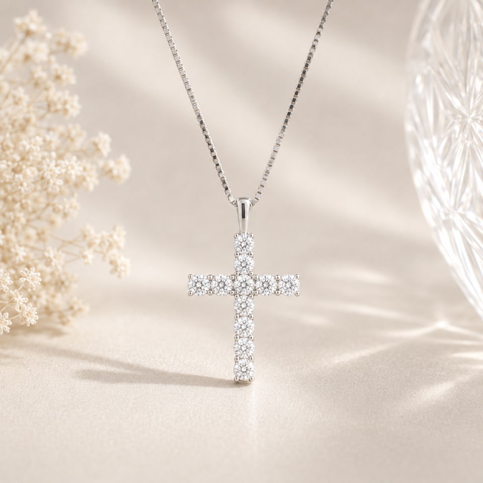 Timeless Moissanite Cross Necklace in sterling silver