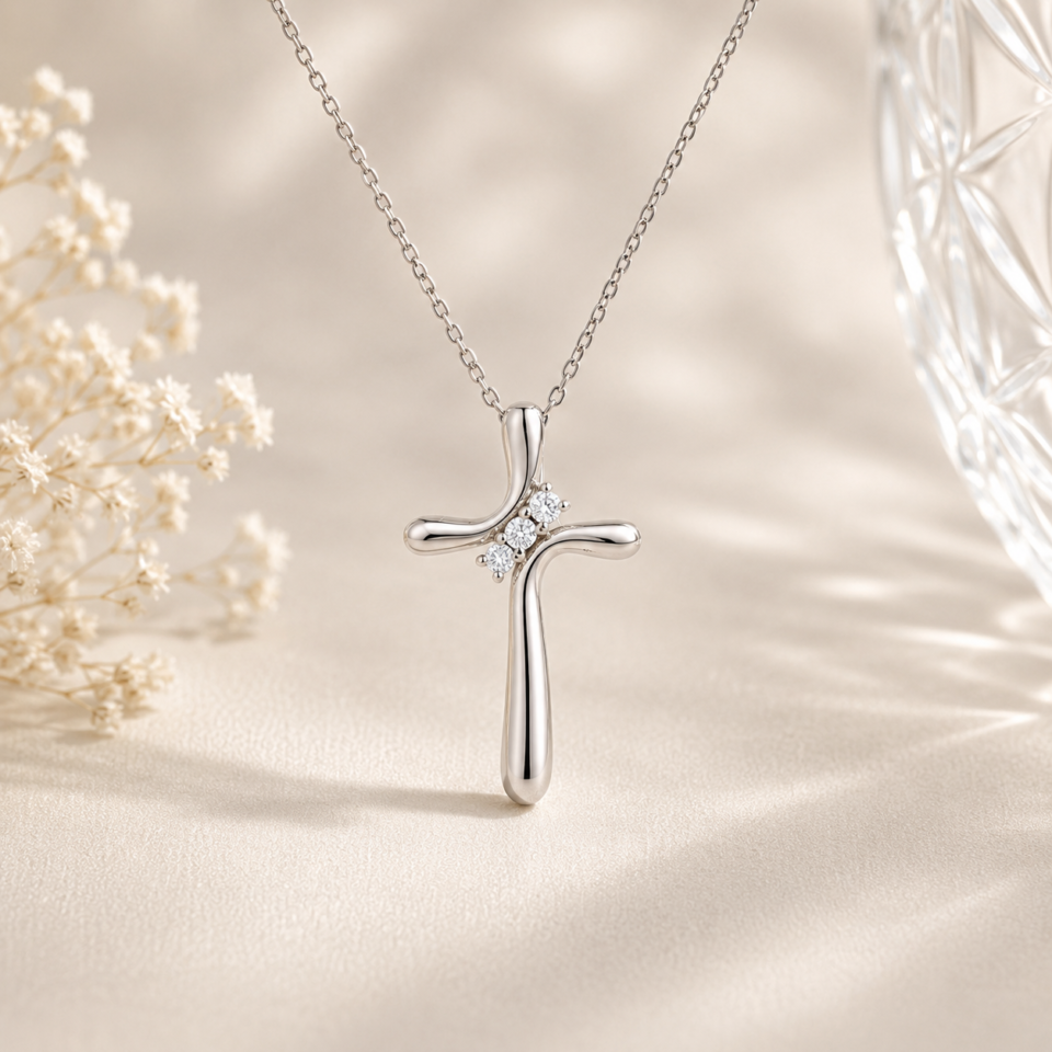 Trinity Moissanite Cross Necklace in sterling silver